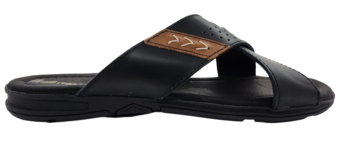 6 - Premium Genuine Leather Mens Crossed Strap Open Toe Slides - Black - Made in Brazil - Italianinho