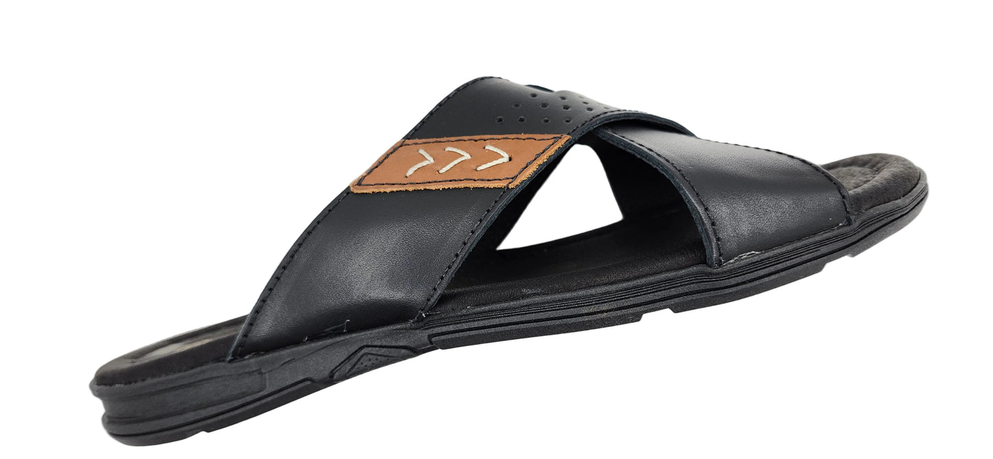 6 - Premium Genuine Leather Mens Crossed Strap Open Toe Slides - Black - Made in Brazil - Italianinho