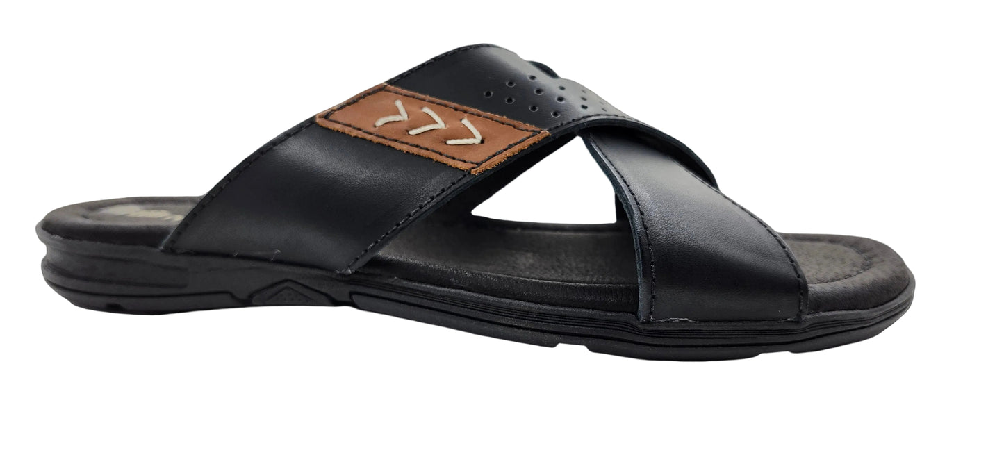 6 - Premium Genuine Leather Mens Crossed Strap Open Toe Slides - Black - Made in Brazil - Italianinho