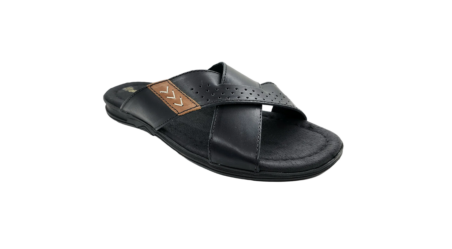 6 - Premium Genuine Leather Mens Crossed Strap Open Toe Slides - Black - Made in Brazil - Italianinho