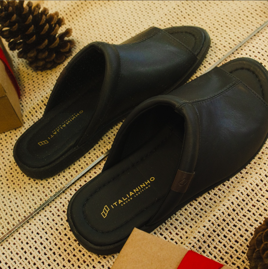 3 - Premium Genuine Leather Mens open toes Slippers - Black - Made in Brazil - Italianinho